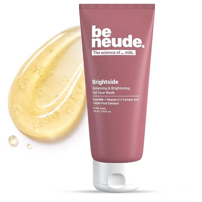 Be Neude Brightside 100ml Detan & Brightening Gel Face Wash with goat milk, vitamin C and tartaric acid