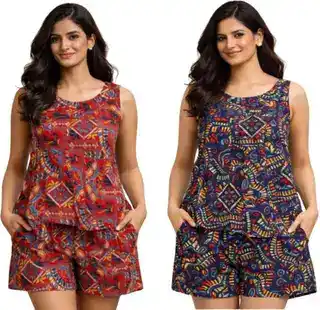 tfv Women Pink Printed Top and Shorts Set