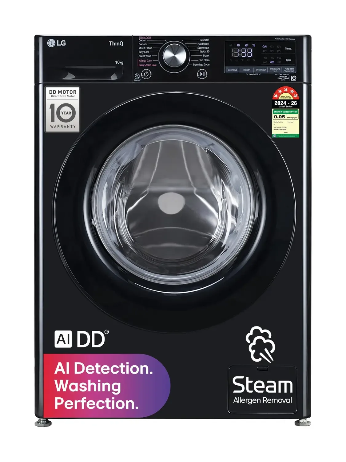 LG 10 kg fully automatic front load washing machine in black, model FHP1210Z3O