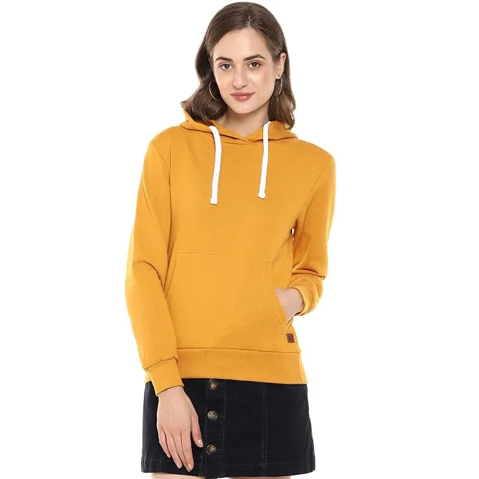 Campus Sutra women’s mustard yellow hooded cotton sweatshirt