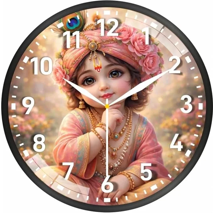 Little Krishna wall clock with black round frame, analog dial, listed on Amazon.in