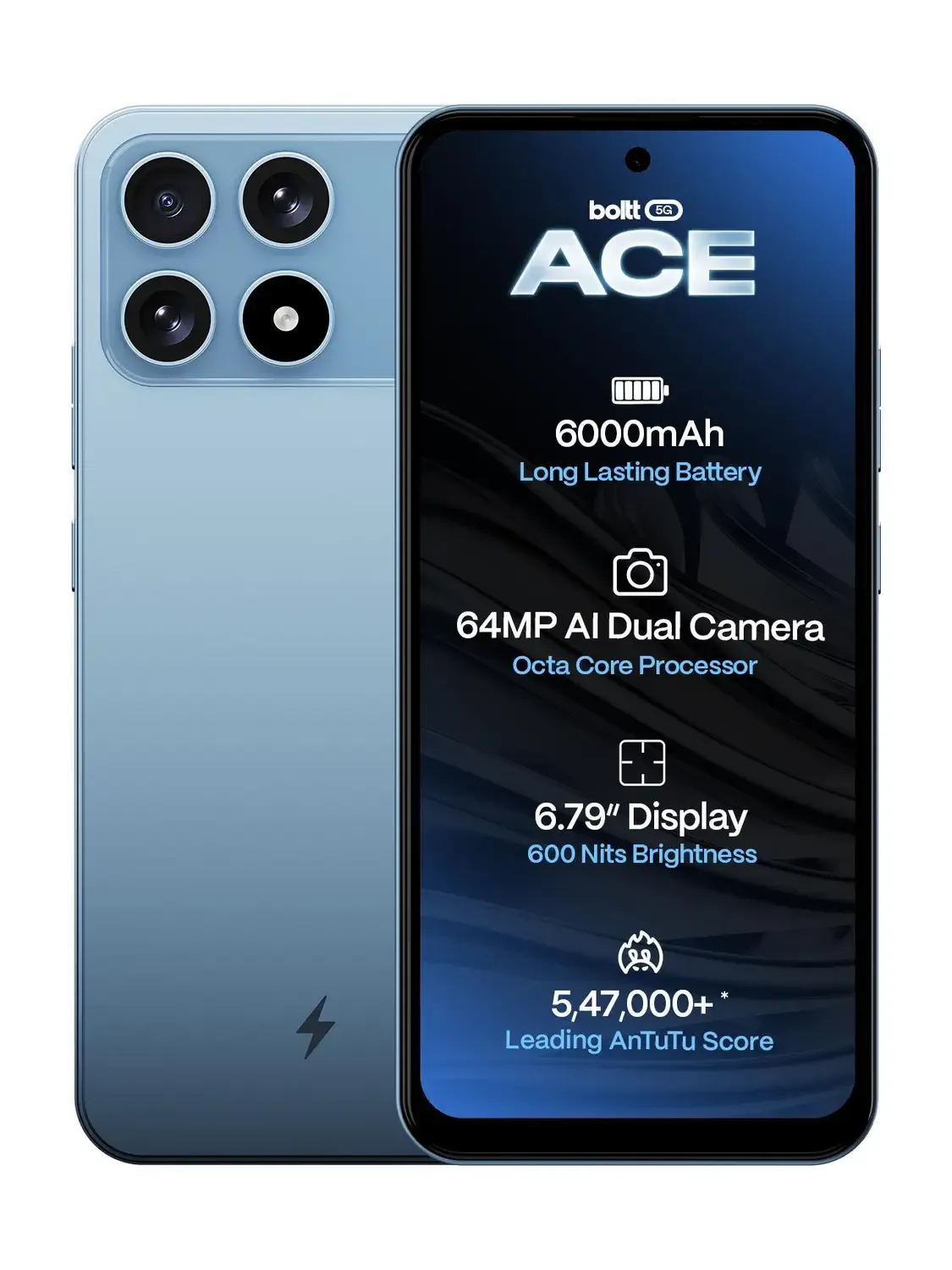 BOLTT ACE 5G smartphone in Sky Blue, front and rear view