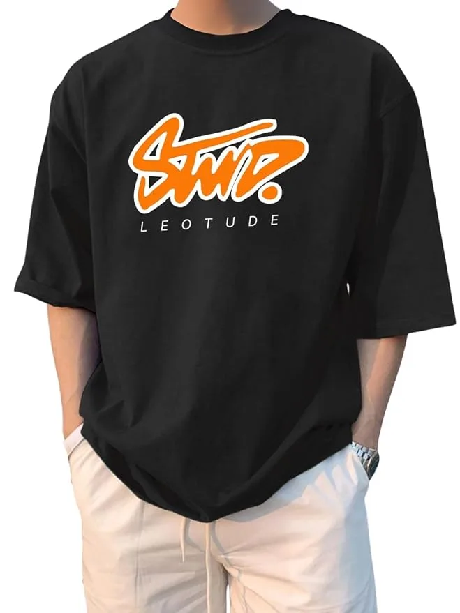 LEOTUDE men's cotton oversized fit t-shirt in black on Amazon India