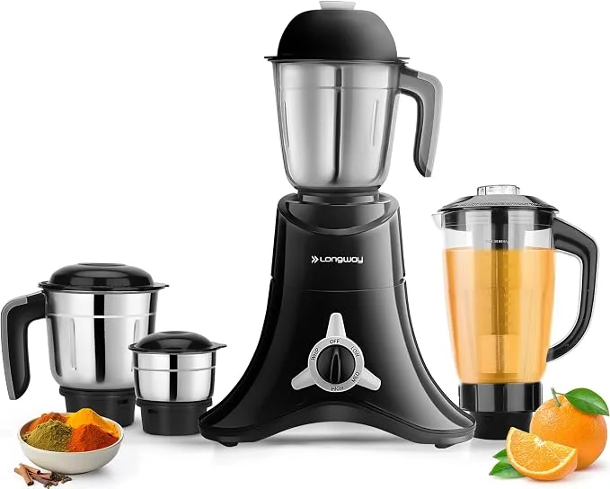 Longway Orion 900W juicer mixer grinder in black with 4 jars