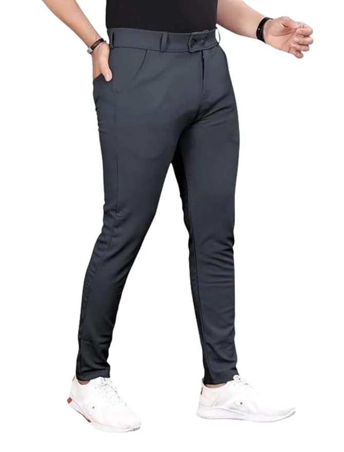 MiraMichi slim fit men's formal mid-rise trousers in dark grey, solid lycra blend