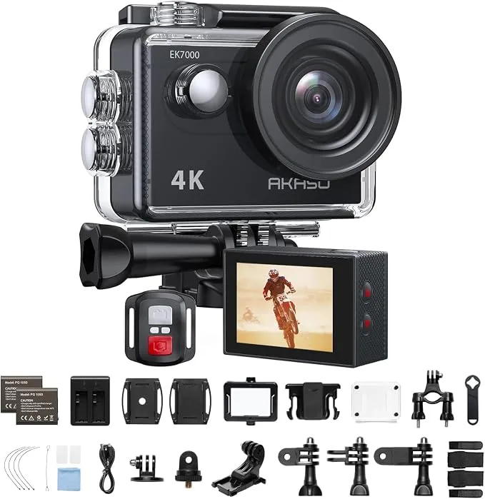 AKASO EK7000 4K action camera in black with waterproof housing and remote control