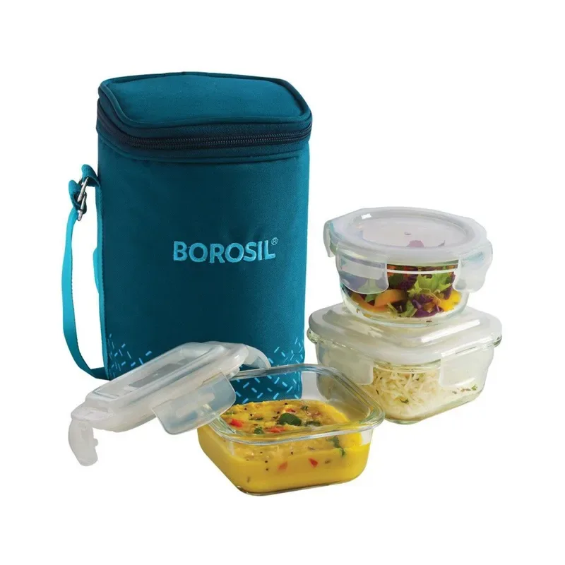 Borosil Premium Lunch Box with teal bag – glass lunch container set