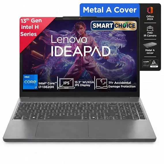 Lenovo IdeaPad Slim 3 Smartchoice laptop in grey with 15.3-inch WUXGA IPS display and backlit keyboard