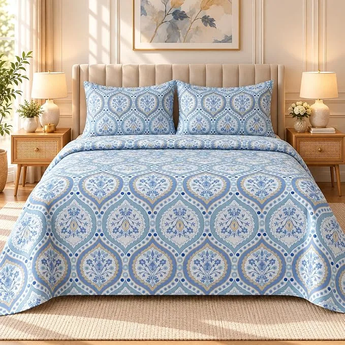 BSB HOME Powder Blue floral printed double bedsheet with two pillow covers