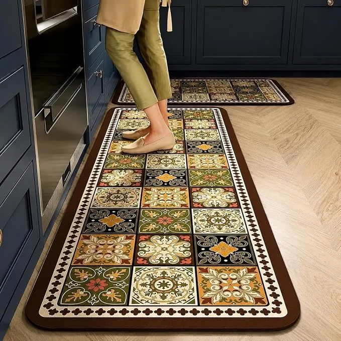 HOMVIA kitchen runner mat set of 2 with vintage tile design and anti-slip rubber backing