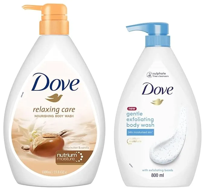 Dove Relaxing Shea Butter Body Wash with Vanilla Pump Bottle 1L and Gentle Exfoliating Nourishing Body Wash, 800ml - Combo Pack