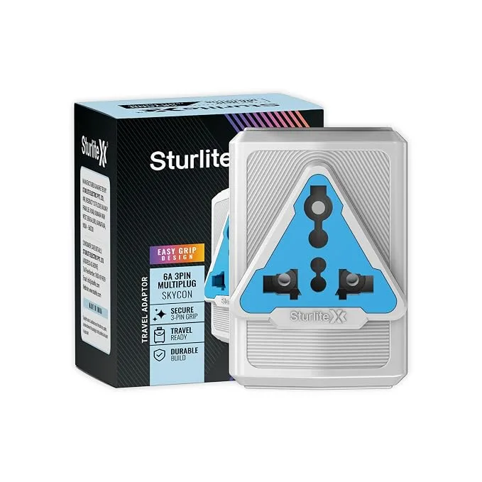 Sturlite Skycon 3-pin universal AC travel adapter in white, compact polycarbonate converter plug