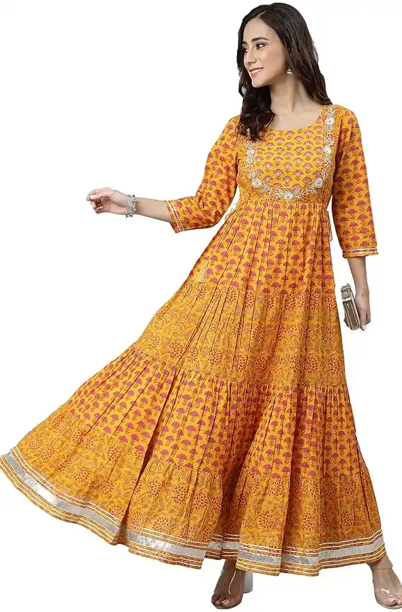 Janasya Women's Mustard Cotton Floral Print Flared Kurta product photo