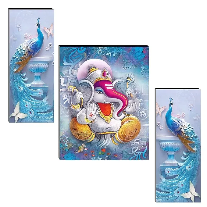 Indianara set of 3 Ganesha with peacocks MDF art paintings on Amazon India