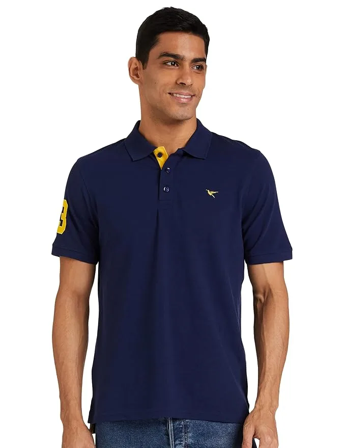Deniklo men's cotton-rich half-sleeve regular fit solid polo T-shirt in navy blue