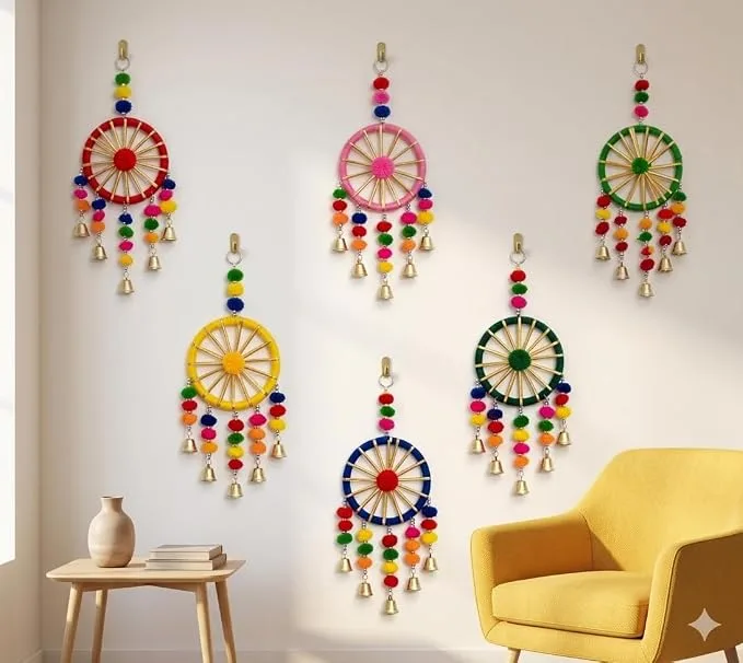 SanwariyaArt Jaipuri handmade 6-ring 5-bell Fengshui wall and door hanging