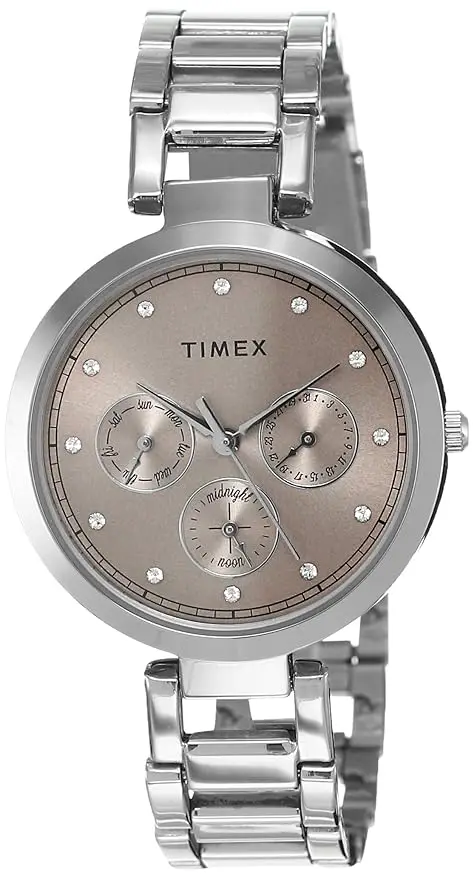 Timex analog watch for women with pink round dial and silver stainless-steel bracelet band (TW000X212)