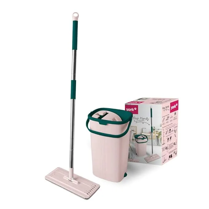 YORK hands-free flat spin mop system with bucket, extended handle and microfiber pad