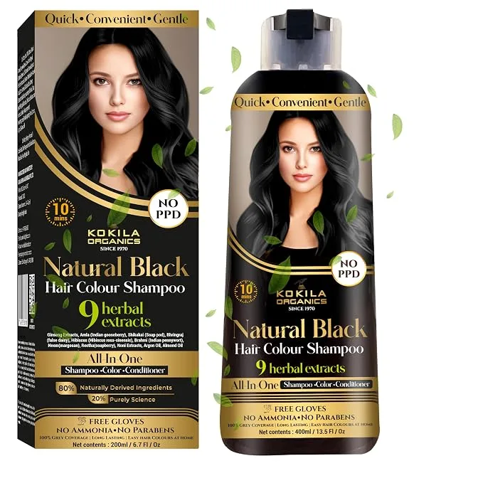 Kokila NO PPD Shampoo Hair Colour - Black 400ml for Women and Men, Ammonia & Paraben Free