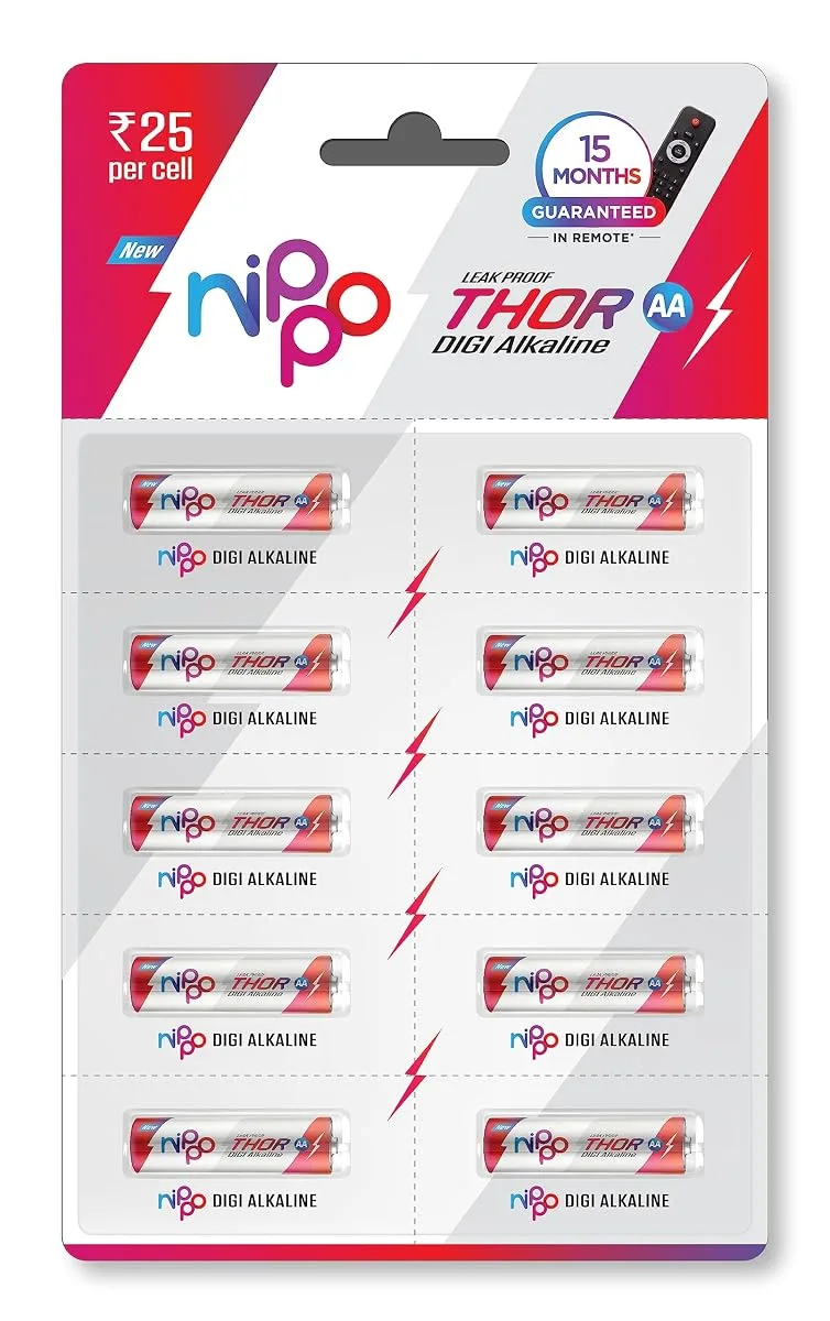 Nippo Thor Leakproof Alkaline AA Batteries 1.5V Pack of 10