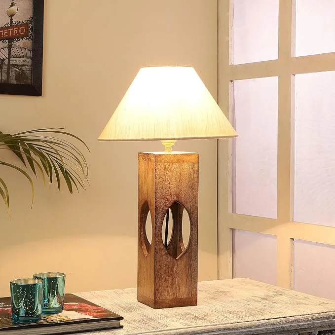 tu casa Handcrafted Mango Wood Table Lamp with Off-White Cotton Shade