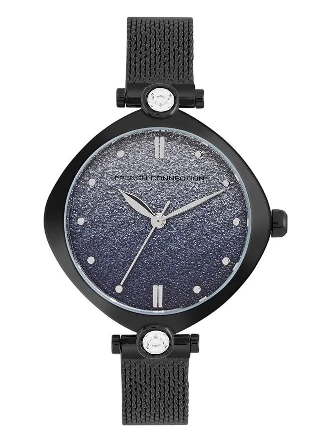 French Connection Sheen blue shimmer round analog watch with black mesh strap (FCP45BM)
