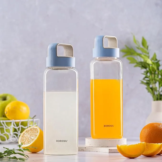Borosil Crysto 750ml borosilicate glass bottles with Blue Husk lids, pack of two