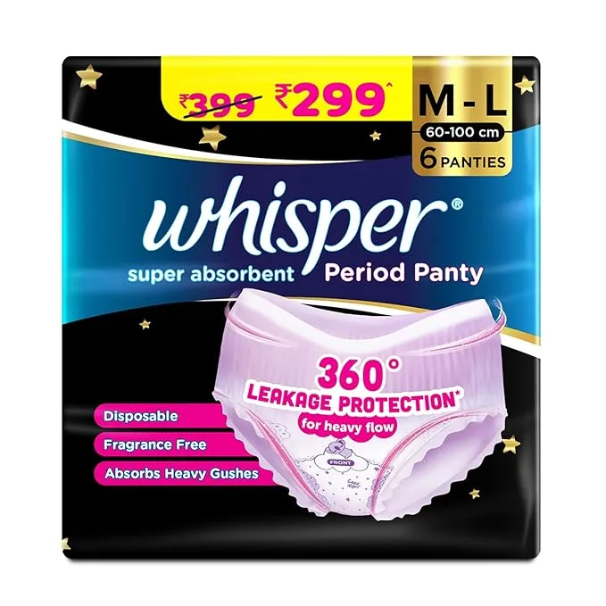Whisper Super Absorbent Period Panty 6 M-L Pants pack — product image from Amazon.in