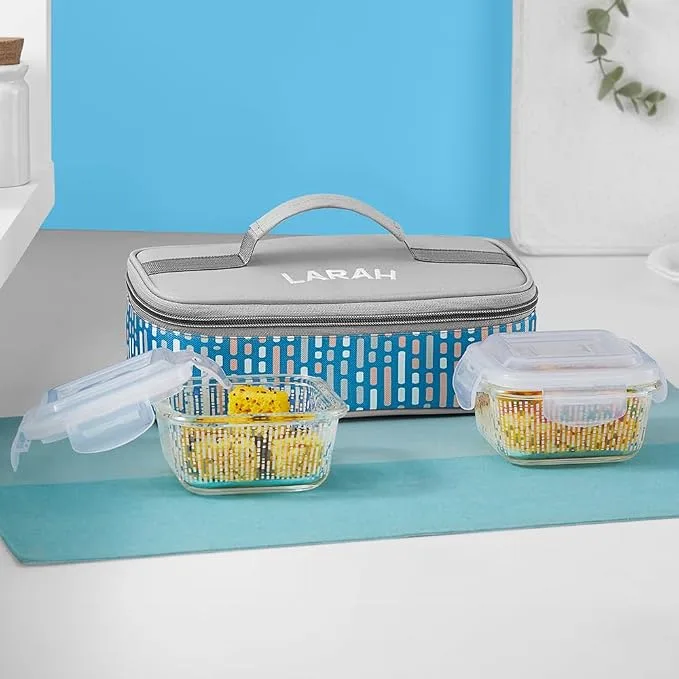 Larah Glassware Vogue Blue Borosilicate Glass Lunchbox with Bag, 320ml, microwave and dishwasher safe