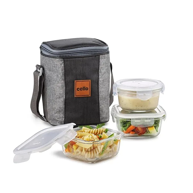 CELLO Glassy Mix lunch box set with jacket — transparent glass containers, 2 x 320ml and 1 x 240ml