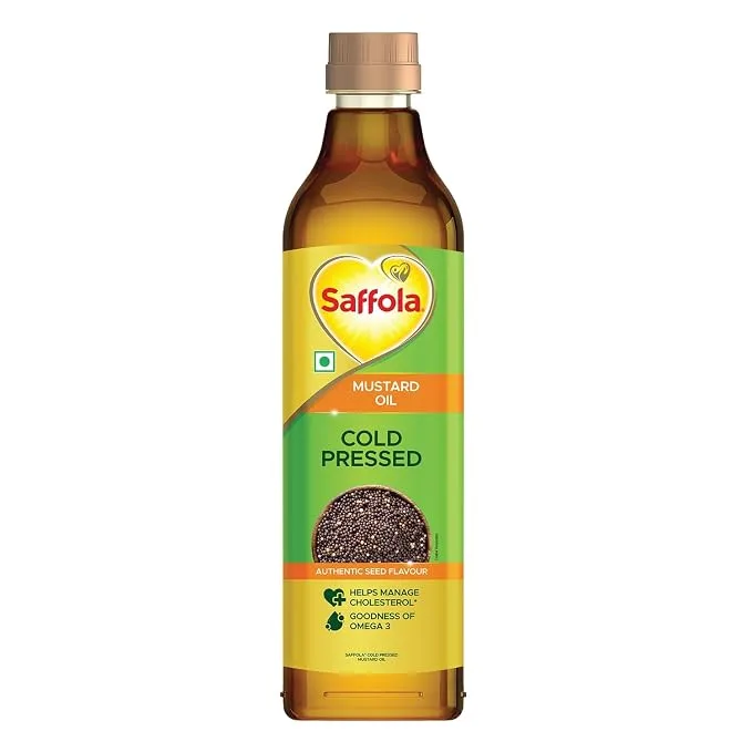 Saffola Cold Pressed Mustard Oil 1L product image showing the bottle and branding