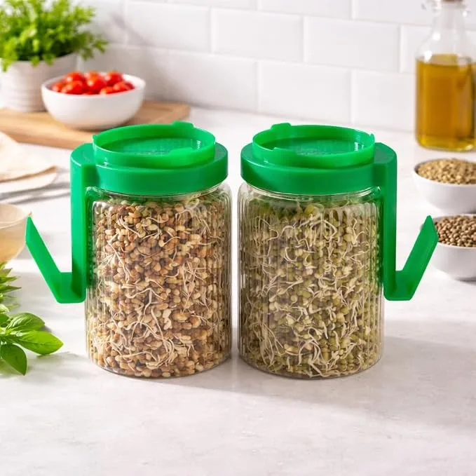 HomeWiz set of two 720 ml sprout maker jars with mesh lids and green caps