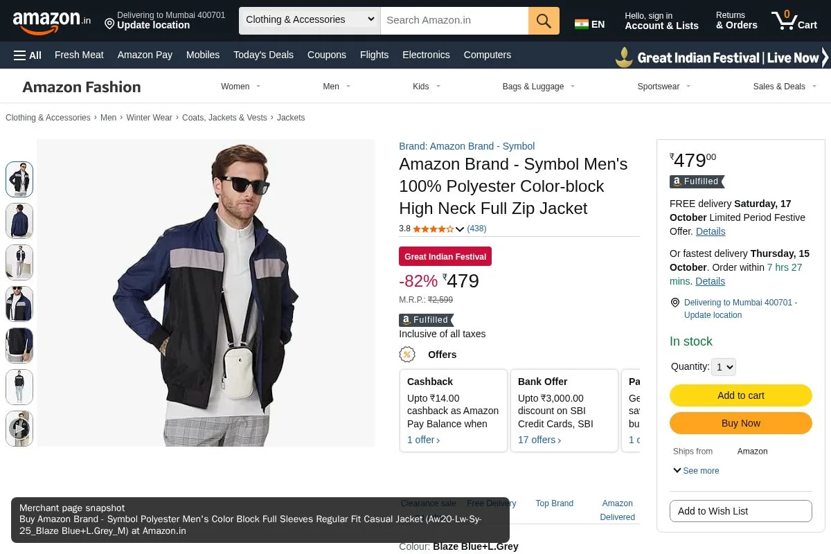 Merchant page snapshot: Amazon Brand - Symbol Men's 100% Polyester Winter Jacket (High Neck) Advertised from ₹479 – Check Live Price on Amazon