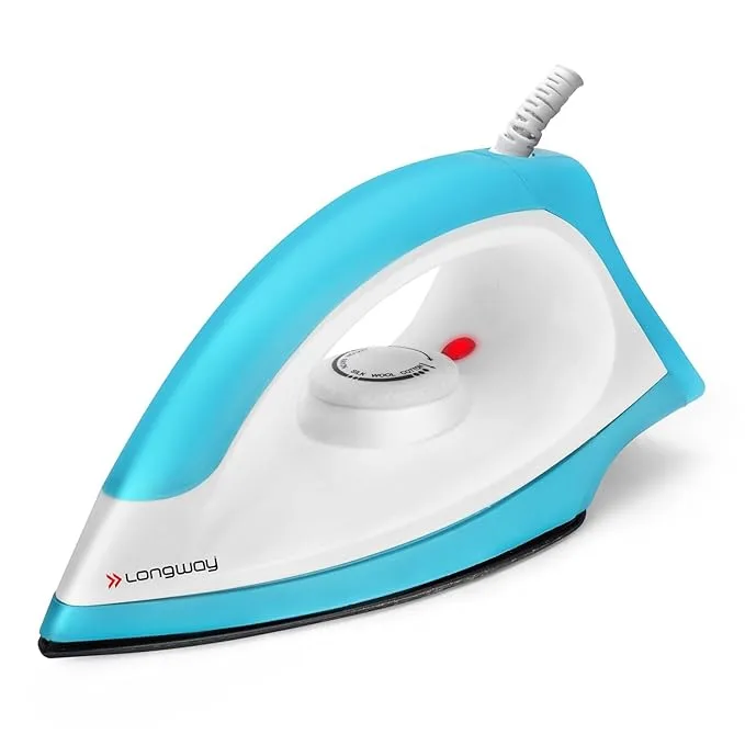 Longway Kwid 1100W non-stick Teflon-coated dry iron in blue, shown on Amazon India listing