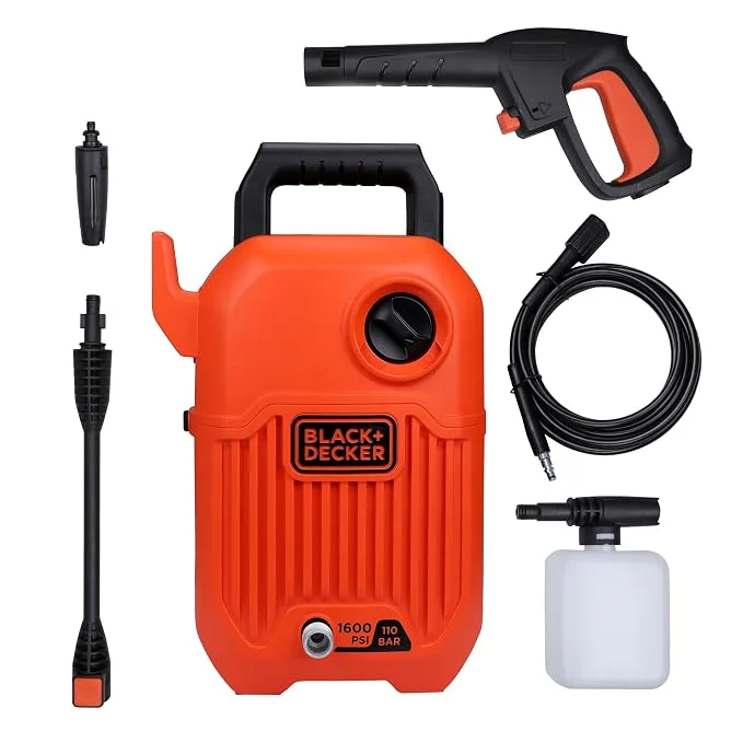 BLACK+DECKER BEPW1600 1300W 1600 PSI 110 Bar Pressure Washer for Car, Bike, Home & Garden Cleaning Use with Multiple Accessories Included