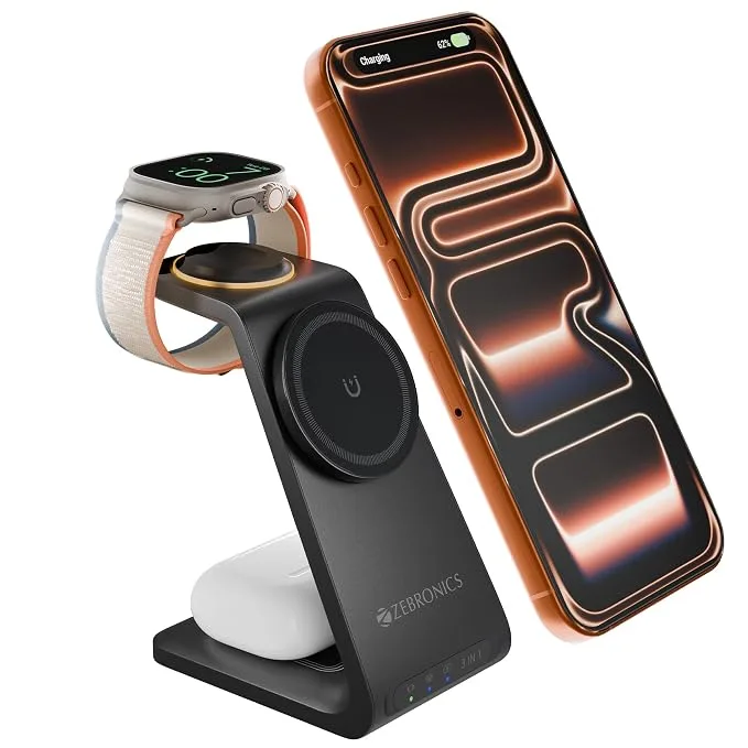 Zebronics Magboost 200 black 3-in-1 magnetic wireless charger with cable
