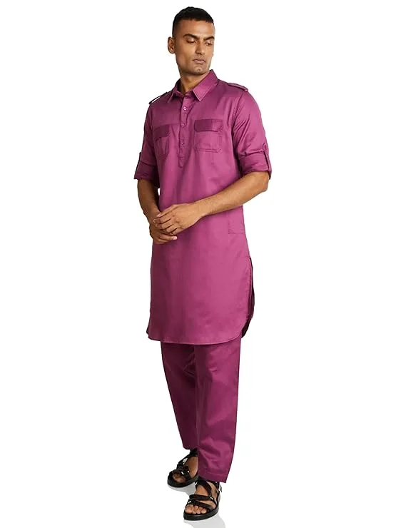 Amazon Brand Symbol men's cotton solid kurta pyjama set in Plum