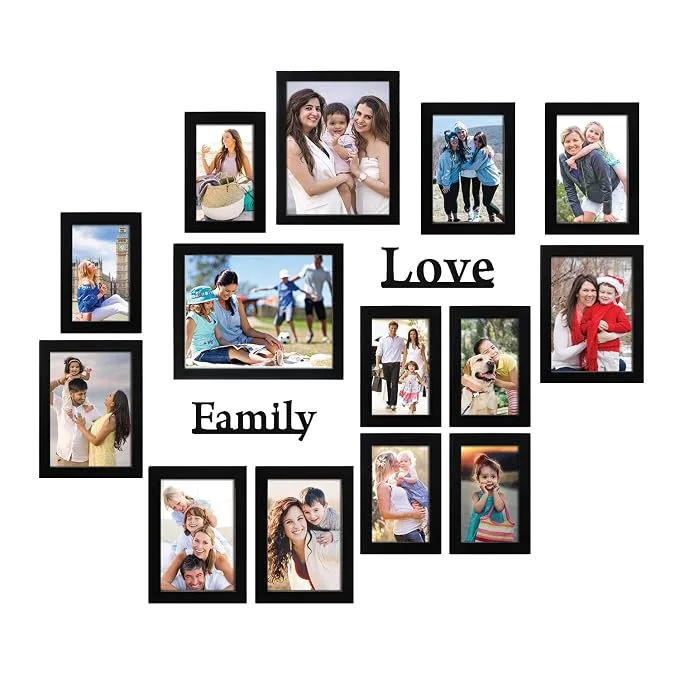 Solimo synthetic black photo frames set of 14 with Family and Love plaques