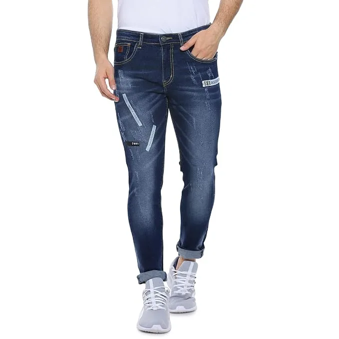 Campus Sutra men's slim fit cotton jeans in navy blue