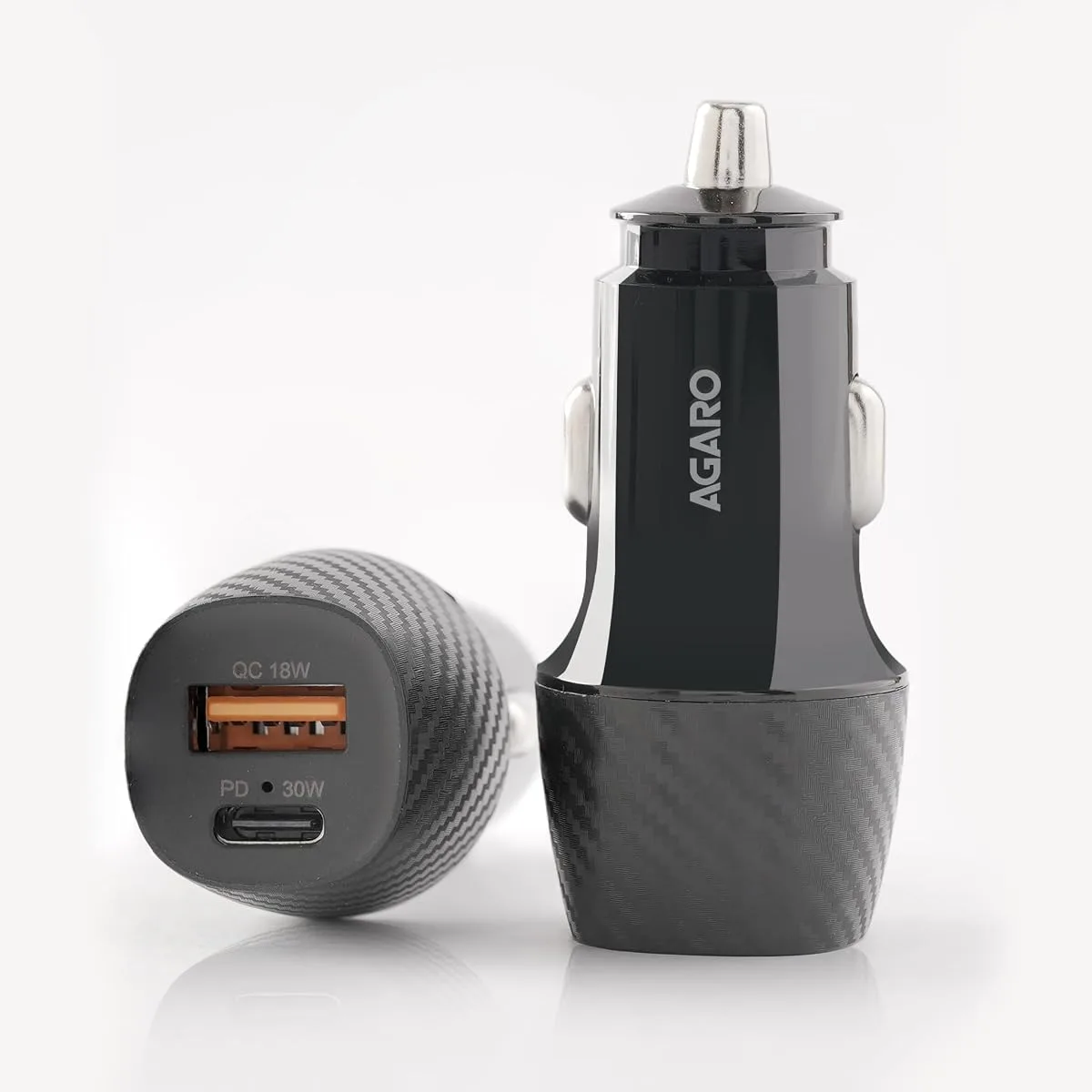AGARO Pulse 51W dual-port car charger in black with 33W USB-C PD and 18W USB-A ports