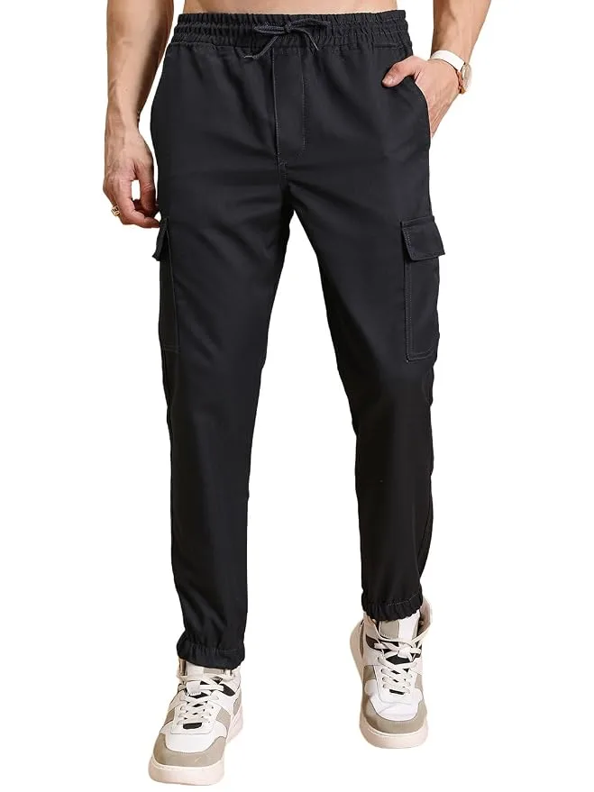 Highlander Men's Cargo Jogger Trousers in navy, showing utility pockets and relaxed fit