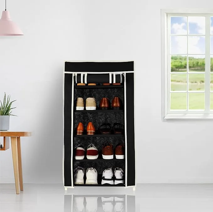Solimo foldable 5-layer shoe rack in black with alloy steel frame