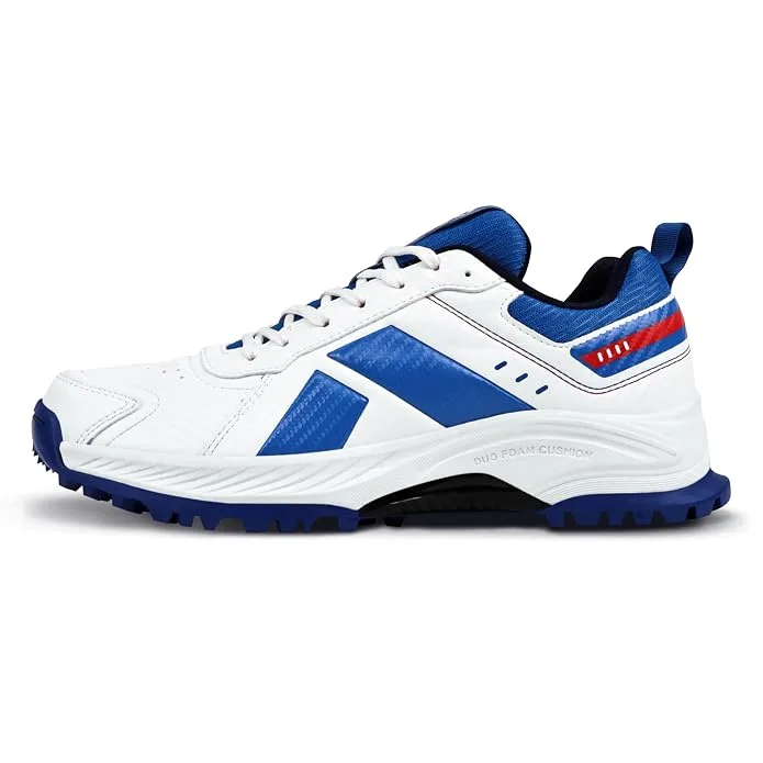 Nivia Hattrick men's cricket shoes in white and royal blue with rubber stud sole